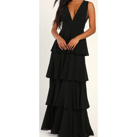 LULU'S XS Amazing Evening Black Vneck Chiffon Tiered Formal Maxi Dress NEW B165 - Picture 1 of 9